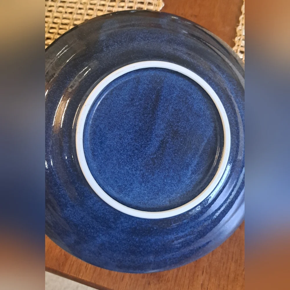Sousaku Japan Pottery In Relief Dark Cobalt Blue Pasta Bowl Tan Leaves Set Of 4